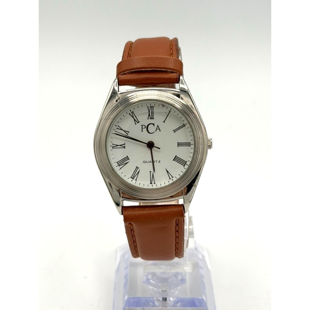PCA Quartz Watch Roman Numeral Dial Brown Strap Swiss New Battery